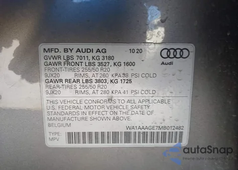 2021 Audi E-Tron Premium Quattro z USA, uszkodzony, nr VIN WA1AAAGE7MB012482